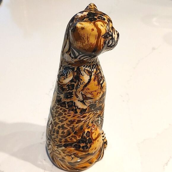 LaVie Vintage Safari Wrapped Patchwork Animal Print Cat Figurine - Picture 4 of 7